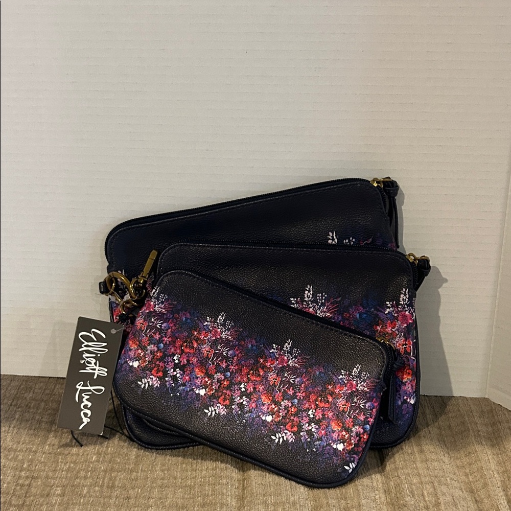 Elliott Lucca Black and Pink Floral Cosmetic Bag Set three piece brand new